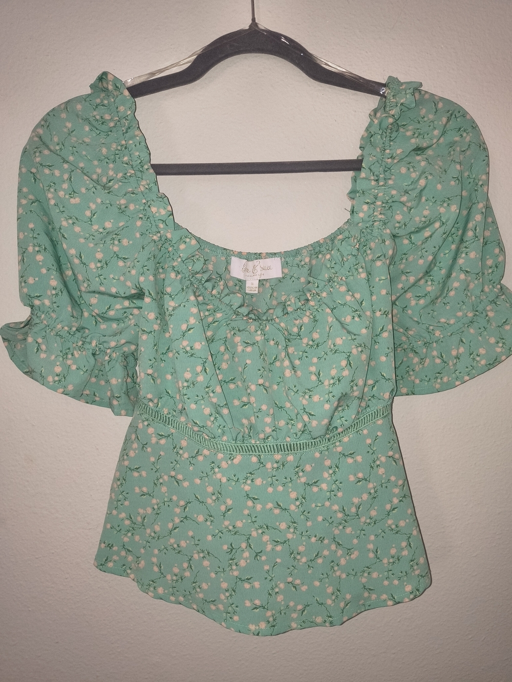 Love & Piece Mint Floral Puff Sleeve Tie Back Peplum Blouse Size S